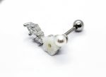 Silver barbell earring with a pearl end, carved white flower charm, and three clear gems on a white background.