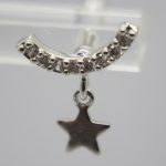 Silver earring stud with a curved row of small clear stones and a dangling five-point star charm.