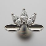 Silver stud with three marquise-cut clear stones arranged like a small flower above two oval slotted metal ends