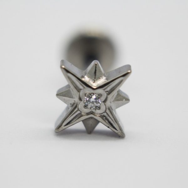 Small silver star-shaped stud with a central clear gemstone on a white background.