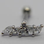 Silver earring stud with a curved row of five marquise-cut clear stones, blurred screw-back bar behind.
