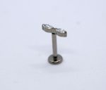 Small stainless-steel labret stud with a flat disc base and two marquise clear stones set side-by-side on the top.