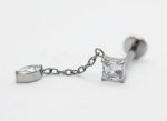Metal labret earring with a square-cut clear gem and a marquise clear gem linked by a short chain on a white background.