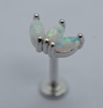 Silver labret stud with three marquise opal cabochons showing green and pink iridescence, on a plain grey background.