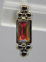 Vertical rectangular orange-pink faceted gemstone in a silver bezel with decorative rounded silver bead clusters at top and bottom.