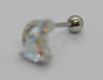 Small metal barbell earring with a reflective ball back and a blurred heart-shaped iridescent gem on a white background.