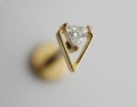 Gold open-frame triangular stud holding a small trillion-cut diamond against a soft gray background.