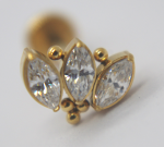 Gold stud earring with three marquise-cut clear stones set side-by-side and small gold bead accents.