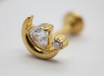 Gold crescent moon earring stud with a triangular clear gemstone and a small round diamond on a white background.