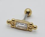 Gold barbell ear stud with a rectangular clear gemstone flanked by small gold spheres on a white background.