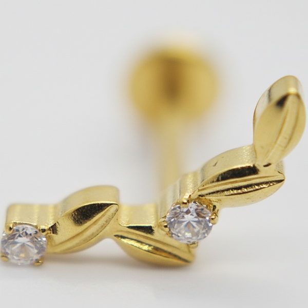 Close-up of a small gold leaf-shaped ear stud set with two clear round gemstones on a white background.
