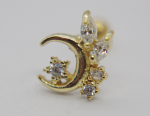 Gold crescent-moon earring stud set with small round and marquise clear gemstones on white background.
