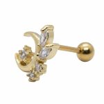 Gold crescent-shaped earring stud adorned with small clear marquise and round gemstones and a gold ball back