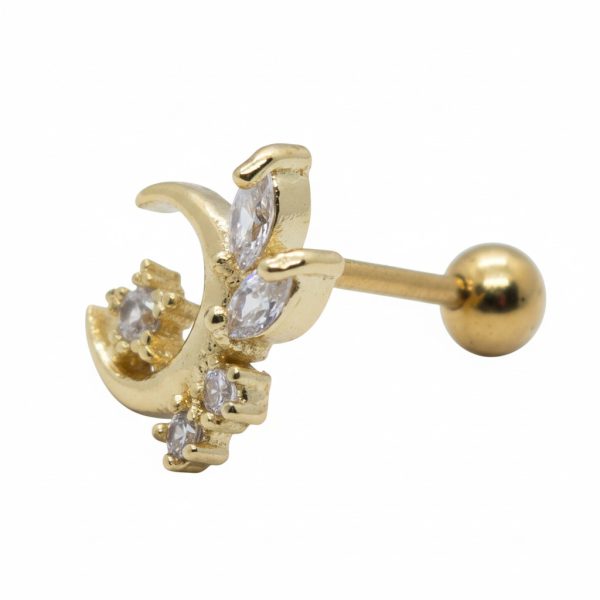 Gold crescent-shaped earring stud adorned with small clear marquise and round gemstones and a gold ball back