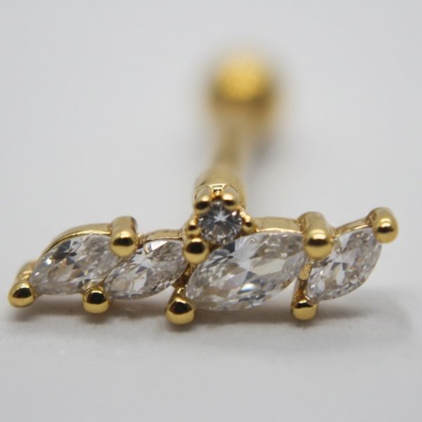 Gold earring stud featuring four marquise-cut clear stones in a row with a tiny round stone set above.