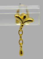 Gold dangle earring with three-petal floral top and three linked rings ending in a teardrop bead on a clear display.