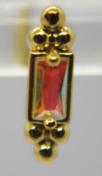 Gold earring stud with a vertical rectangular faceted pink-orange gemstone and small gold bead clusters above and below.