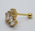 Gold barbell ear stud with cluster of clear marquise and baguette gemstones and a small gold ball back on white background.