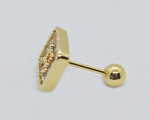 Gold rectangular stud earring with small clear stones and a removable gold ball backing on white background