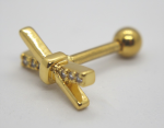 Gold cross-shaped barbell earring with small clear stones along the horizontal arm and a round screw-back ball on a pale background.
