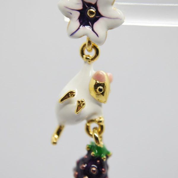 Enamel earring charm: white star flower with leaf, small white-gold mouse with pink ear and a purple berry.