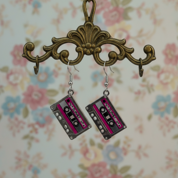 Pair of silver-and-pink cassette tape dangle earrings hanging from an ornate brass hook against a pastel floral background.