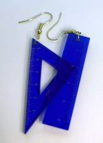 Blue translucent triangle ruler and straight ruler earrings with gold hooks, ruler markings visible on white background.