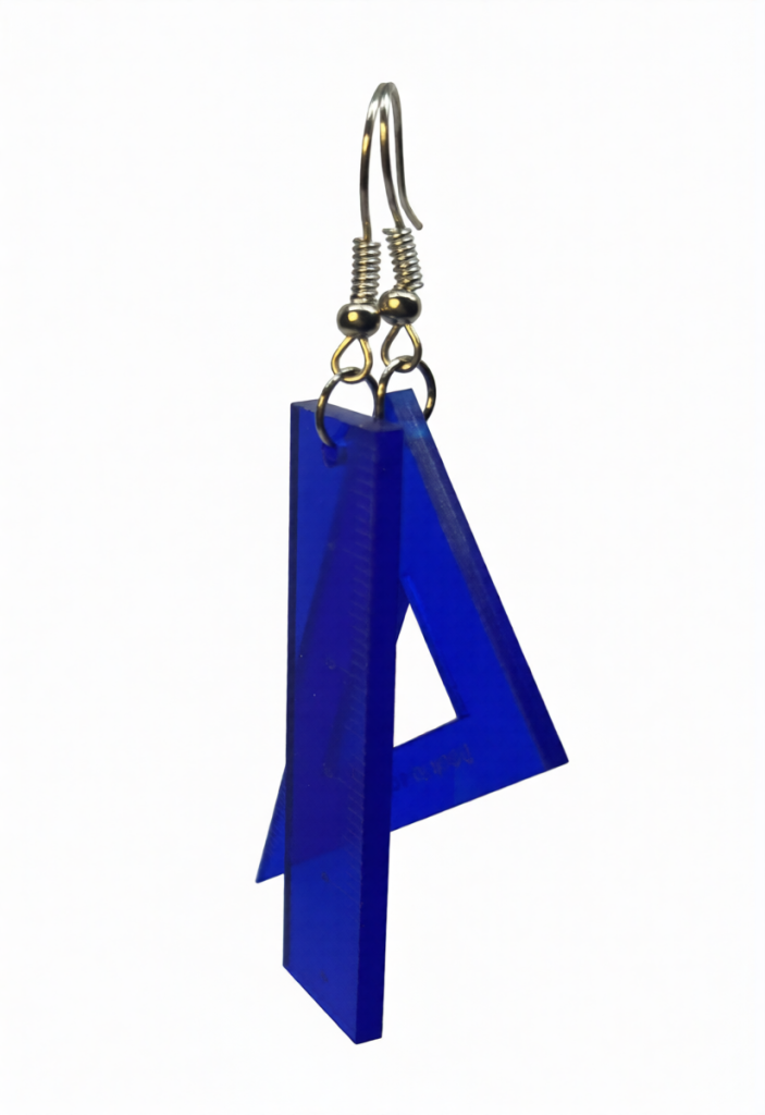 Blue translucent acrylic triangular dangle earring with silver hook and gold rings on a white background