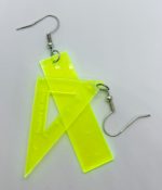 Neon yellow translucent plastic triangle rulers repurposed as dangling earrings with silver fishhook ear wires on a white background.