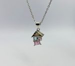 Silver necklace pendant with a textured triangular cap above a pale blue round stone and a pink square stone