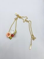 Gold chain necklace with enamel floral pendant: peach flower, red gem, lilac bloom, green leaves and a tiny white rabbit charm