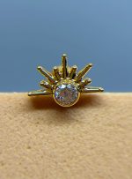 Gold starburst ring with a clear central gemstone on a blue background