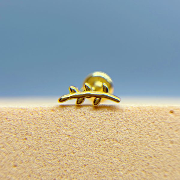 Macro of a tiny gold cactus-shaped stud earring on a beige surface against a blue background